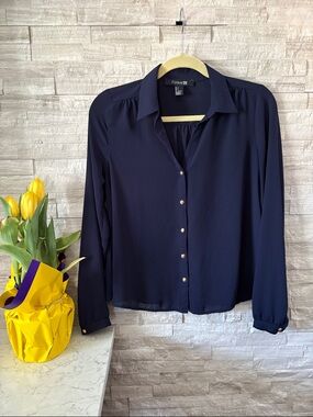 Forever 21 Navy Pearl-Button Long Sleeve Shirt